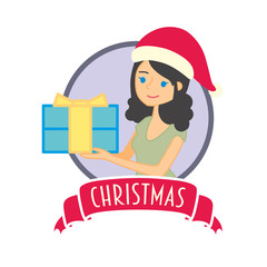 Merry Christmas card element with young woman holding a present box