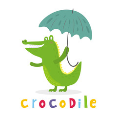 Obraz premium cheerful crocodile with an umbrella. Printable templates