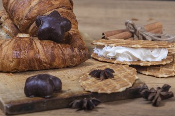 assortment of pastries with honey, raspberries and other - vintage