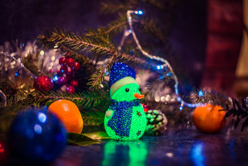 Christmas decorations with lights and Snowman