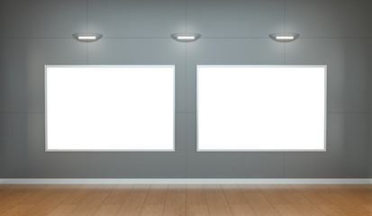 Two white blanks canvas on a wall 3D rendering