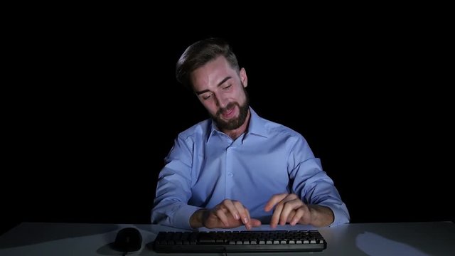 Businessman self-consciously rewritten woman chatting online. Emotions. Studio