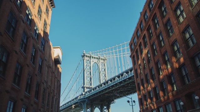 Manhattan Bridge Motion Timelapse. The camera moves to the famous bridge from Brooklyn