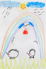 Naklejka premium Childish drawing of funny rainbow hedgehogs and sun