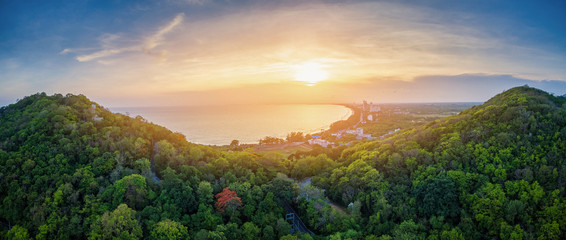 Scenery of the sea in Rayong Thailand. mountain sea on sunset in Thailand. panorama sea.

