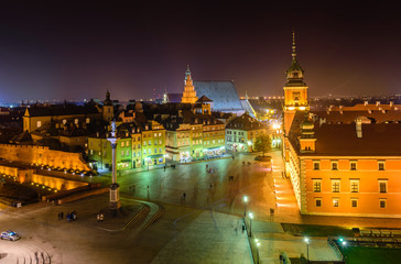 Fototapeta na wymiar Night aerial view of the Castle square, the Royal Palace and the old town in Warsaw, Poland.