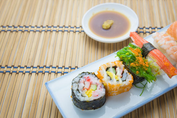 Sushi Assortment On White Dish, close up