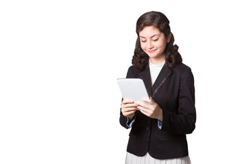 Naklejka premium Business woman reading content on a computer tablet