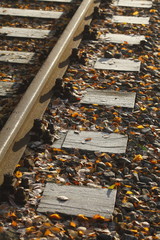 mit Raureif überzogene Eisenbahnschienen, Eisenbahnschwellen