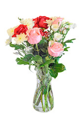 Bouquet with colored rose flowers, eustoma and chrysanthemums