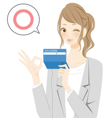 通帳を見せる女性　スーツ　マル