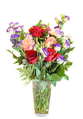 Bouquet with colored rose flowers, eustoma and chrysanthemums