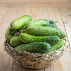 Fresh cucumbers in basket on wood