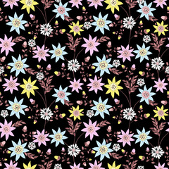 Floral seamless pattern ,bright flowers black background .For printing on fabric and paper.