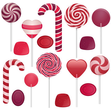 Vector illustration of different sweets. Candy cane, swirl lollipop, heart lollipop, round lollipop, jellies, hard candies.