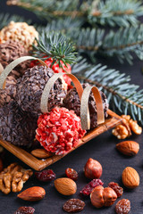 Homemade candy with chocolate , nuts and dried strawberry