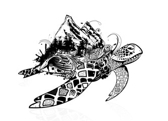 eine surreale Meeresschildkröte mit Wald und Berge auf dem Schildkrötenpanzer.
Verziert mit floralen Elementen