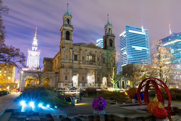 Warsaw at evening with christmas decoration in Poland