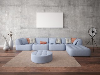 Mock up poster modern living room with a corner sofa on hipster background, 3d rendering.