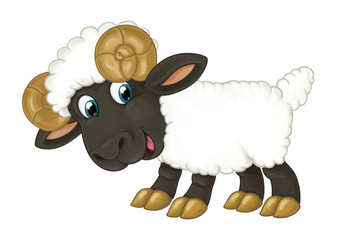 Cartoon happy horned sheep is standing looking and smiling - artistic style - isolated - illustration for children