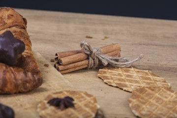 assortment of pastries with honey, raspberries and other - vintage