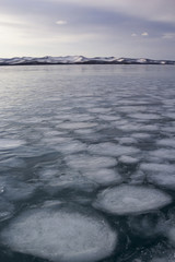 The frozen surface of lake Baikal.