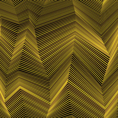 Abstract vector seamless moire pattern with zigzag lines. Golden graphic black and white ornament. Striped geometric repeating texture.