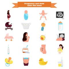Set of color flat pregnancy and baby flat icons