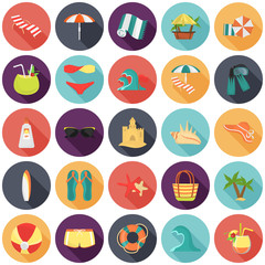Set of color flat beach rest and travel icons for web and mobile design