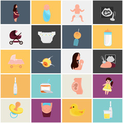 Set of color flat pregnancy and baby flat icons
