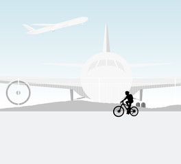 Fototapeta premium Young woman cycling airport scene vector silhouette people landscape background