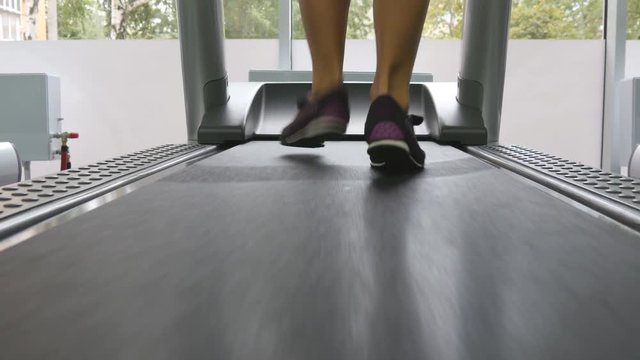 Female legs walking on treadmill in gym. Young woman exercising during cardio workout. Feet of girls in sport shoes training indoor at sport club. Close up
