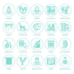Modern vector line icon of senior and elderly care. Nursing home elements - old people, wheelchair, leisure, hospital call button, activity, doctor. Linear pictogram for sites, brochure, clinic