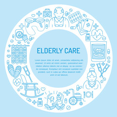 Modern vector line icon of senior and elderly care. Medical poster template with illustration of old people, wheelchair, leisure, hospital call button, doctor. Linear banner for nursing home