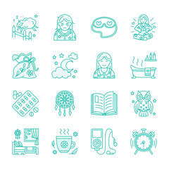Modern vector line icon of insomnia problem and healthy sleep. Elements - clock, pillow, pills, dream catcher, counting sheep. Linear pictogram for sites, brochures about sleepless, insomnia