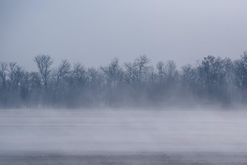 Morning fog over freshly plowed field