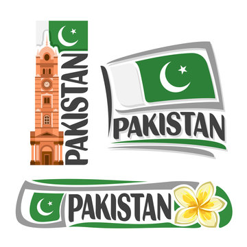 Vector logo Pakistan, 3 isolated images: vertical banner faisalabad clock tower on pakistani national state flag, architecture symbol pakistan, jasmine flower or frangipani, crescent on ensign flags.