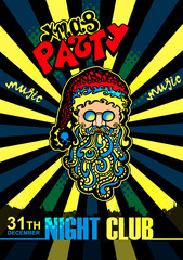 Santa Claus. Pop Art illustration. Abstract background. Vector Party Flyer poster template. Lettering party, music, xmas.