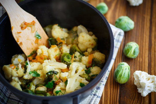 cauliflower with fried Brussels sprouts