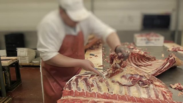 the butcher cut up the carcass of beef and pork in the sausage production