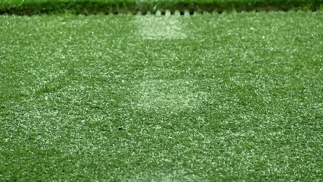 White Line On Green Artificial Grass. Football Soccer Field