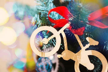 Schilderijen op glas Fiets Wooden Christmas toy a bicycle on   tree  © Viiviien