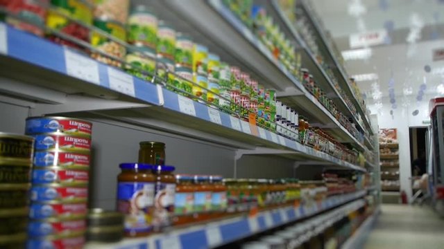 shelves with food at the supermarket
