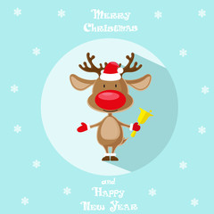 Holiday symbol. Icon colorful cute reindeer in santa hat. Circle on blue background. Snowflakes. Design element for decoration poster, banner, flyer, greeting card. Cattoon style. Vector illustration