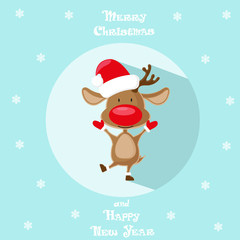 Holiday symbol. Icon colorful cute reindeer in santa hat. Circle on blue background. Snowflakes. Design element for decoration poster, banner, flyer, greeting card. Cattoon style. Vector illustration
