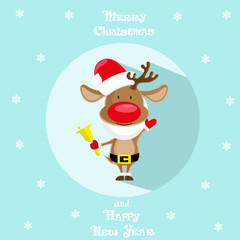 Holiday symbol. Icon colorful cute reindeer in santa hat. Circle on blue background. Snowflakes. Design element for decoration poster, banner, flyer, greeting card. Cattoon style. Vector illustration