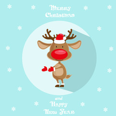 Holiday symbol. Icon colorful cute reindeer in santa hat. Circle on blue background. Snowflakes. Design element for decoration poster, banner, flyer, greeting card. Cattoon style. Vector illustration