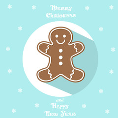 Holiday symbol. Icon cute Gingerbread Man in white circle on blue background. Snowflakes. Design element for decoration poster, banner, flyer, invitation. Cattoon style. Vector illustration