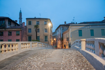 Night view of the old stone San Michele bridge, Vicenza, Italy
