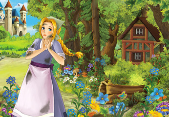 Obraz na płótnie Canvas Cartoon scene with cute charming farm girl near the wood with wooden house - illustration for children